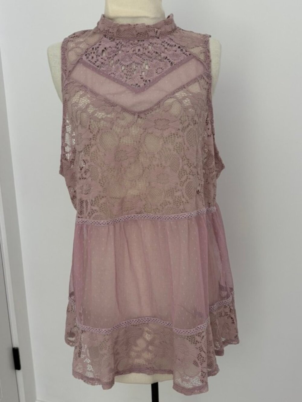 Mauve sheer blouse with high-neck design with intricate floral lace panels